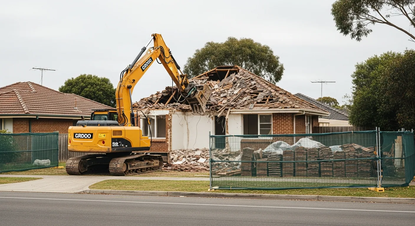 Single-storey brick home coming down behind temporary fencing, spoil dropping straight to the ground